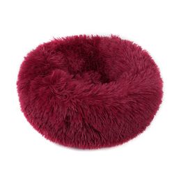 Small Large Pet Dog Puppy Cat Calming Bed Cozy Warm Plush Sleeping Mat Kennel, Round (Color: Wine red, size: 31in)